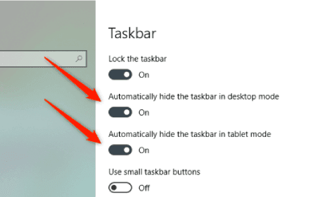 إخفاء شريط المهام taskbar في Windows 10